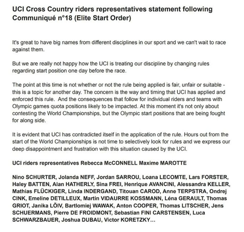 UCI Cross Country riders representatives statement following. Communiqué n°18 (Elite Start Ord...jpg