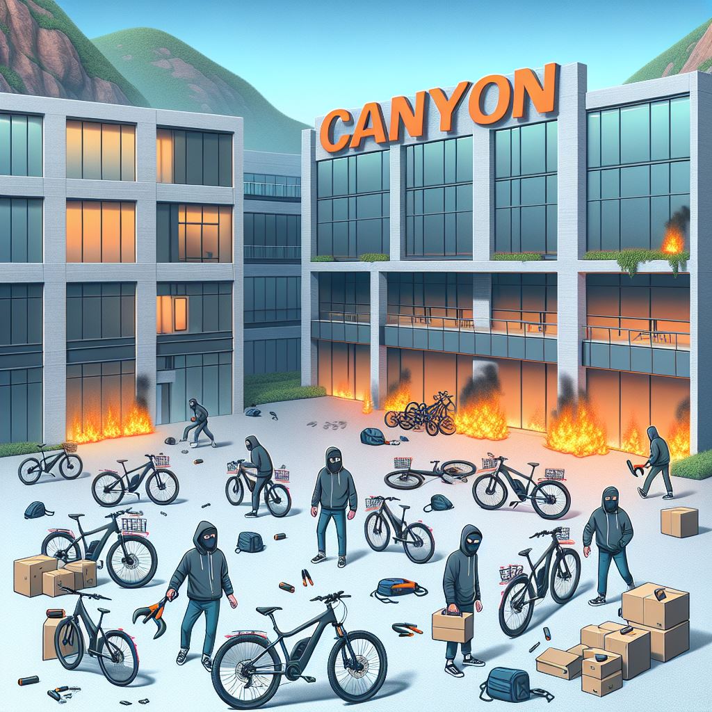 Ein moderner Campus mit dem Canyon Logo, viele E-Bikes, viele Fahrraddiebe, die nach E-Bikes ...jpeg
