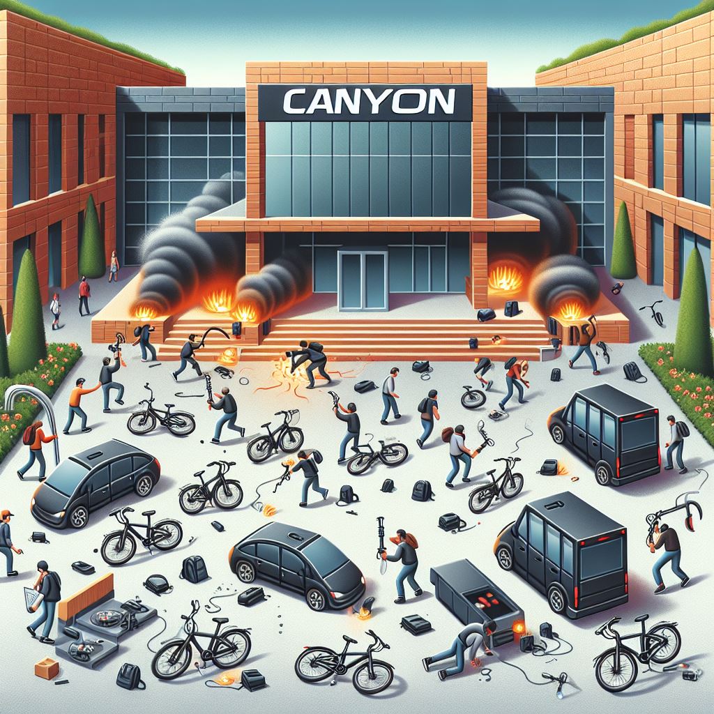 Ein moderner Campus mit dem Canyon Logo, viele E-Bikes, viele Fahrraddiebe, die nach E-Bikes ...jpeg
